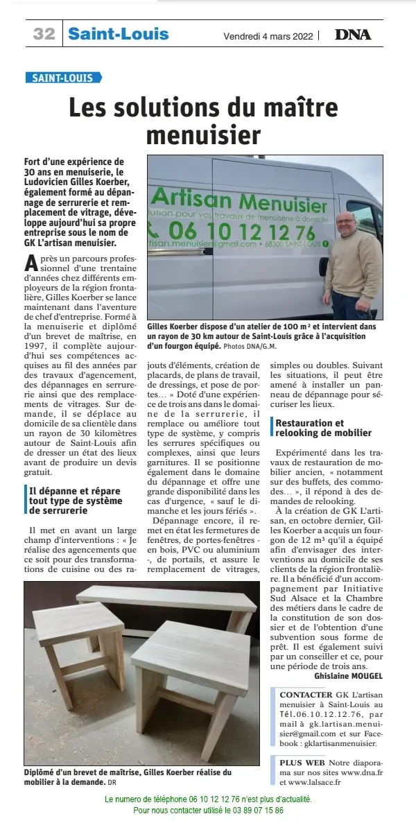 article de journal sur GK l'artisan menuisier