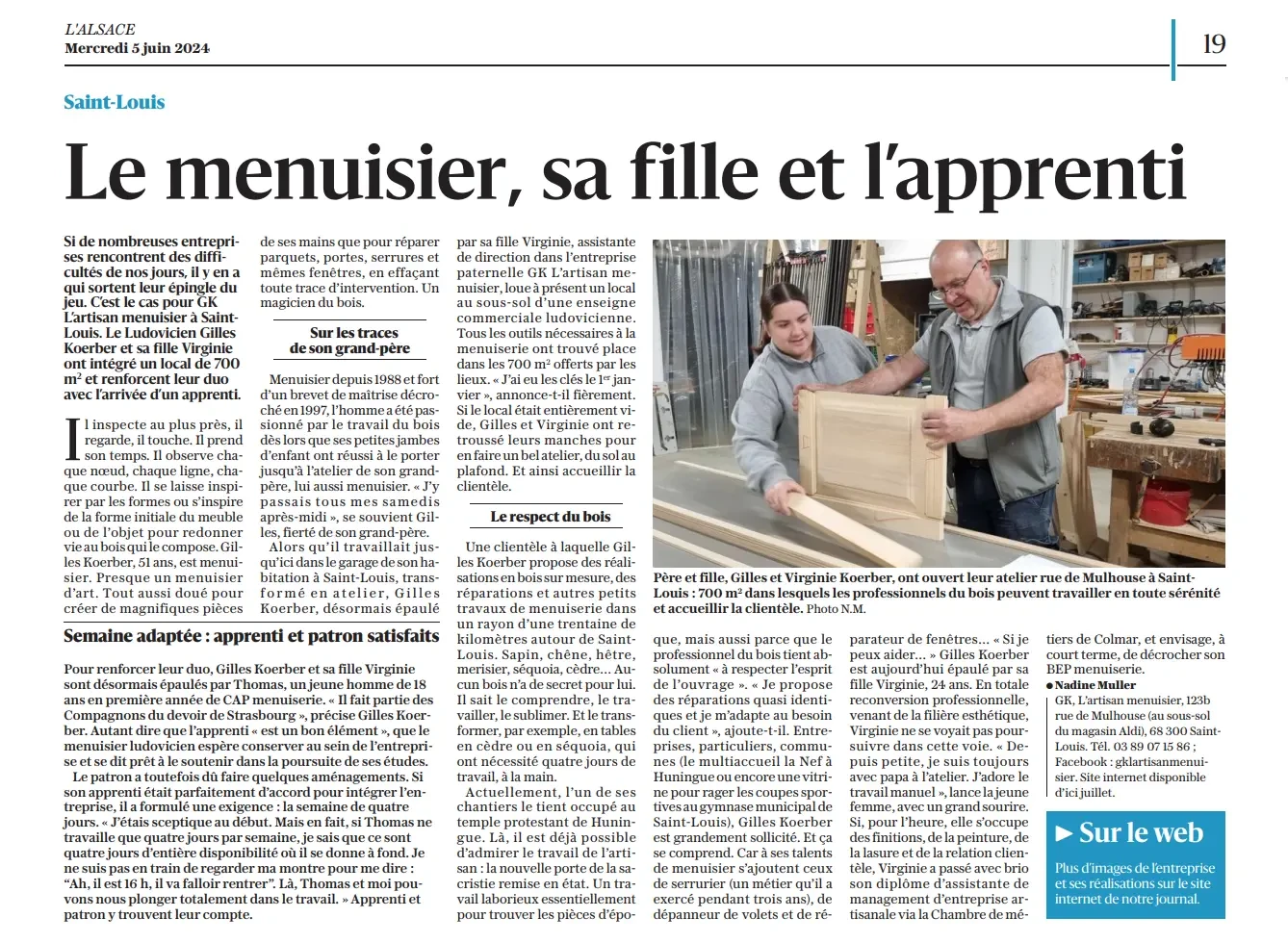 article de journal sur GK l'artisan menuisier